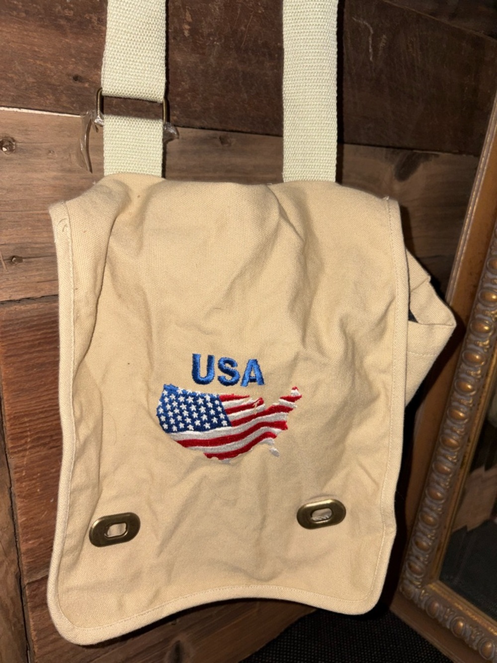 USA Embroidered Canvas Crossbody Bag - Beige